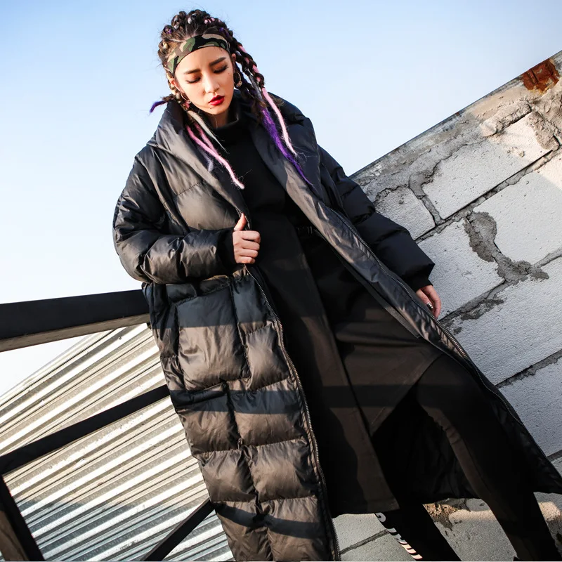 Winter Streetwear Loose Long Down Cotton Coats Solid Hooded Fashion Tops Thick Warm Padded Jacket Female Clothing Black Parkas