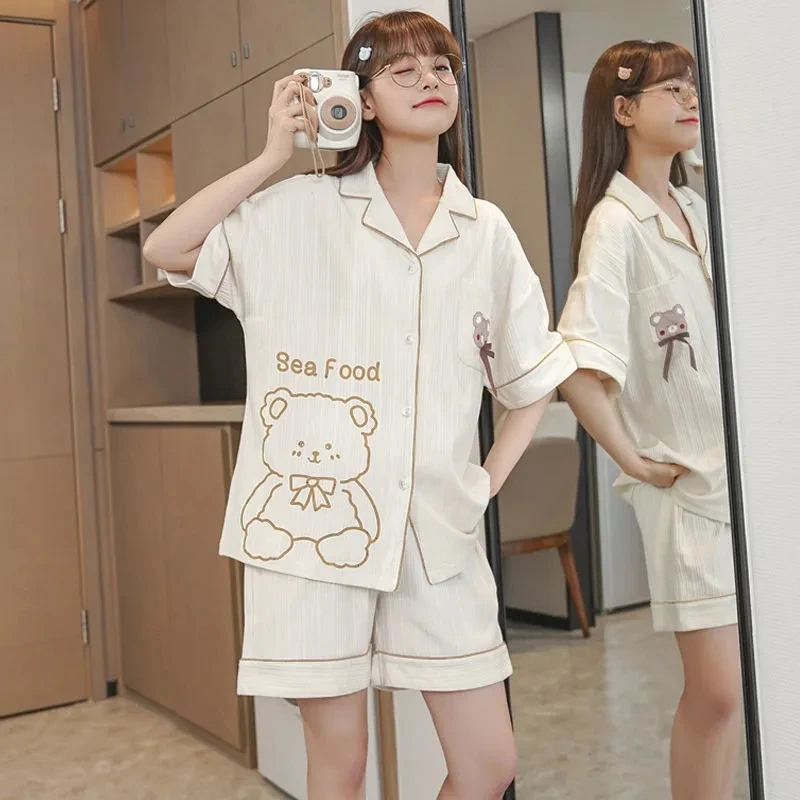 Pajama Set Woman 2 Pieces Summer New Sleepwear Ladies Casual Loose Small Fresh Wind Short-Sleeved Shorts Fashion Homewear