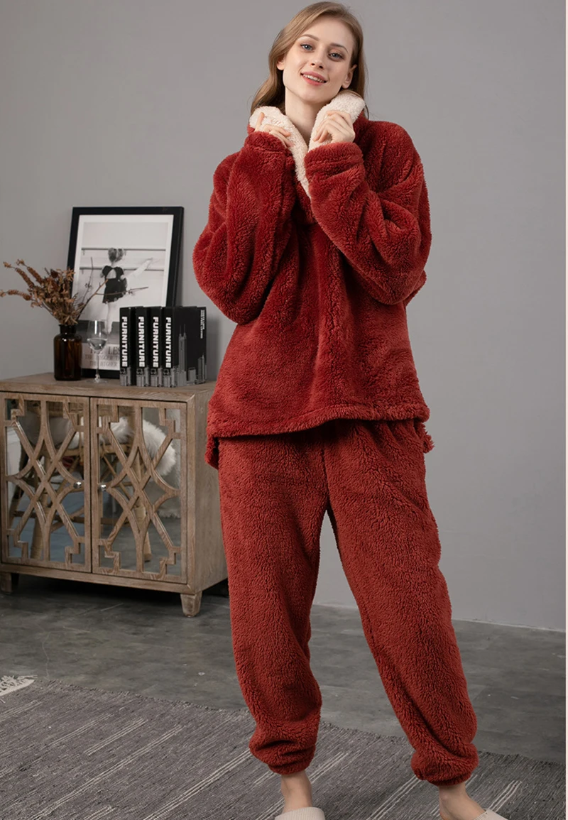 Ladies Pajama Sets Thicken Autumn And Winter Keep Warm Nightgown Comfortable Soft Sleepwear Suit  Simple Style