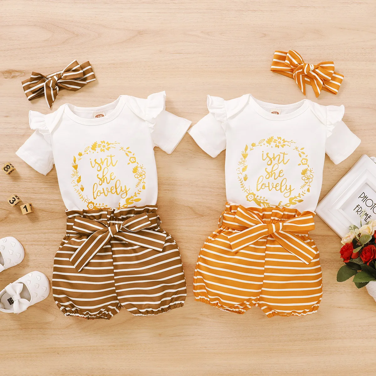 

Summer Newborn Baby Girl Cotton Letter Short Sleeve + Romper Striped Shorts + Headband Set