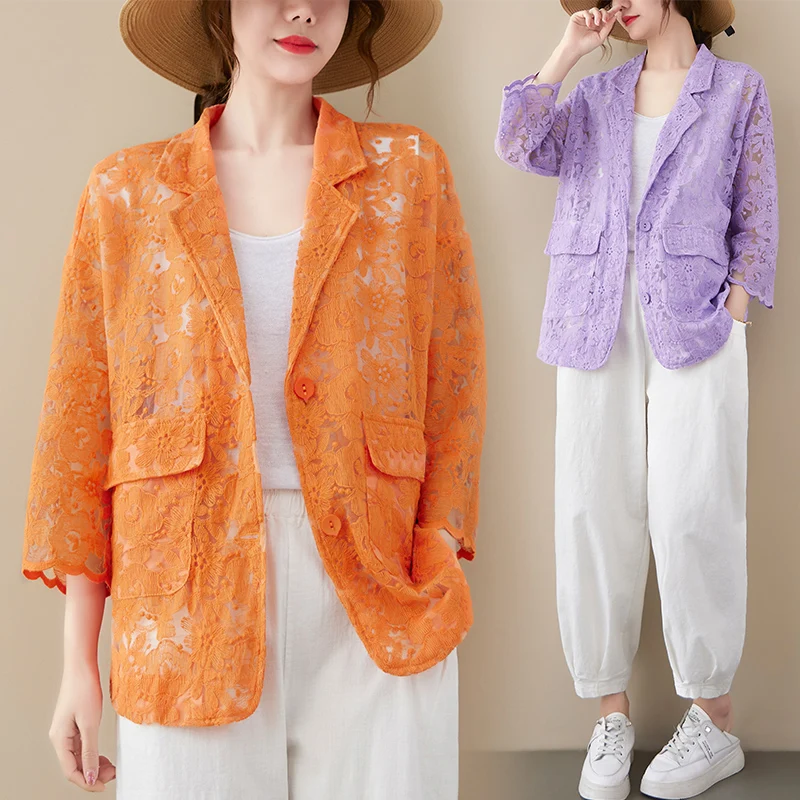 New Oversized 3/4 Sleeve See Through Lace Blazer Women Summer 2022 Ladies Casual Loose Fashion Floral Transparent Top Shirt