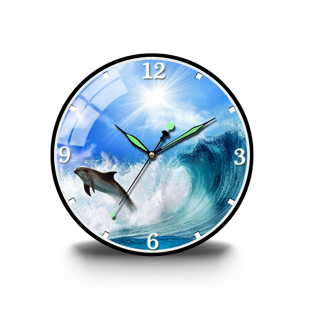 

Часы настенные круглые, декоративные бесшумные цифровые, с морскими волнами, солнечными лучами, дельфином, рыбой, для дома, офиса, школы