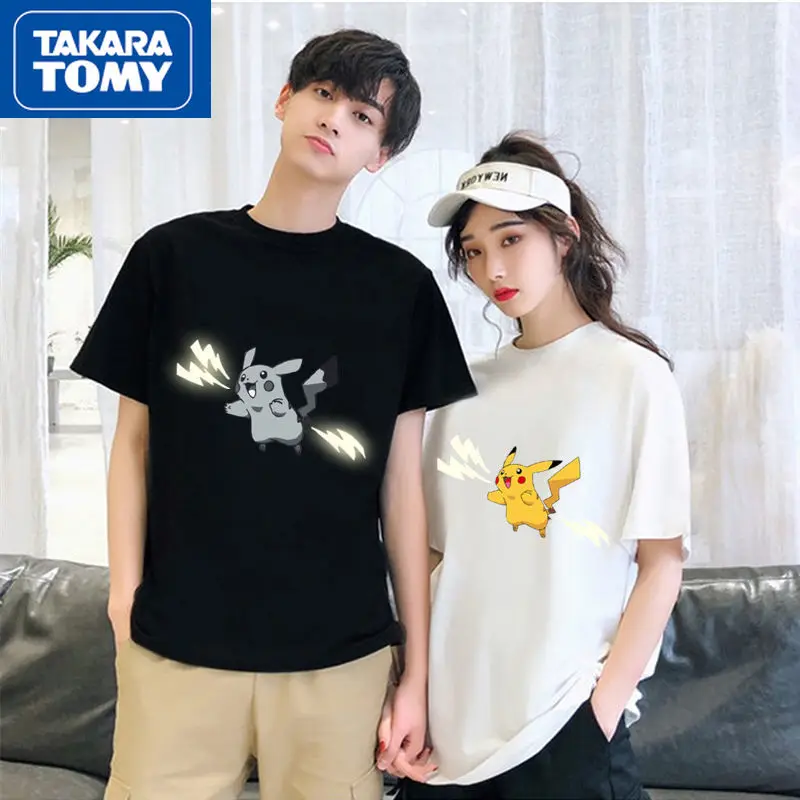 

TAKARA TOMY Summer Fashion Trend New Cartoon Pikachu Reflective Short-sleeved Simple Student Couple Cotton Loose Wild T-shirt
