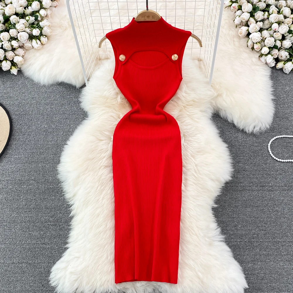 

Fashion Round Neck Chest Hollow Elastic Sheath Slimming Long Sleeveless Knit Buttock Dress