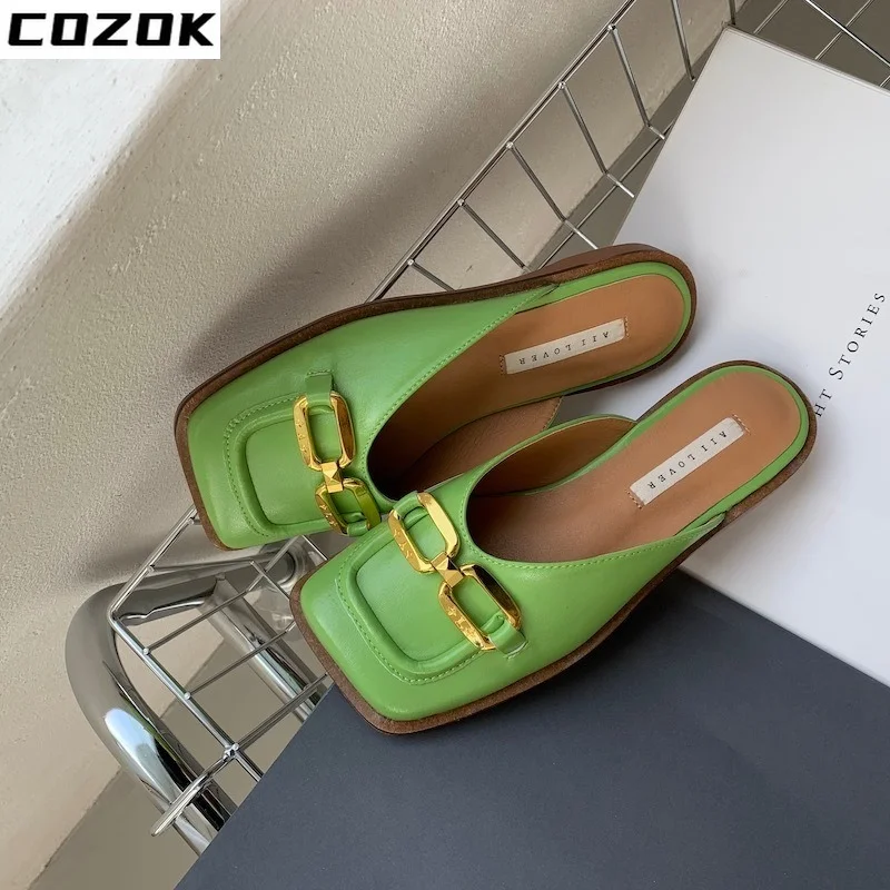 

Shoes Mules For Women 2022 Square Toe Ladies' Slippers Low Pantofle Luxury Slides Loafers Cover Summer New Designer Hoof Heels R