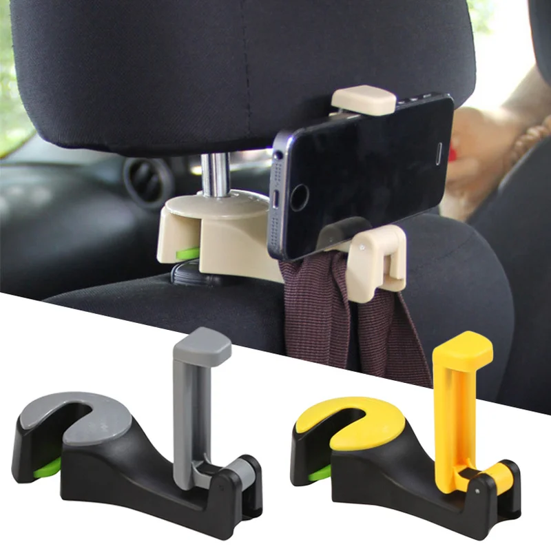 

2 In 1 Car Headrest Hook Phone Holder Auto Back Seat Hanger Mount for Bag Handbag Grocery Hanging Foldble Clip Stand
