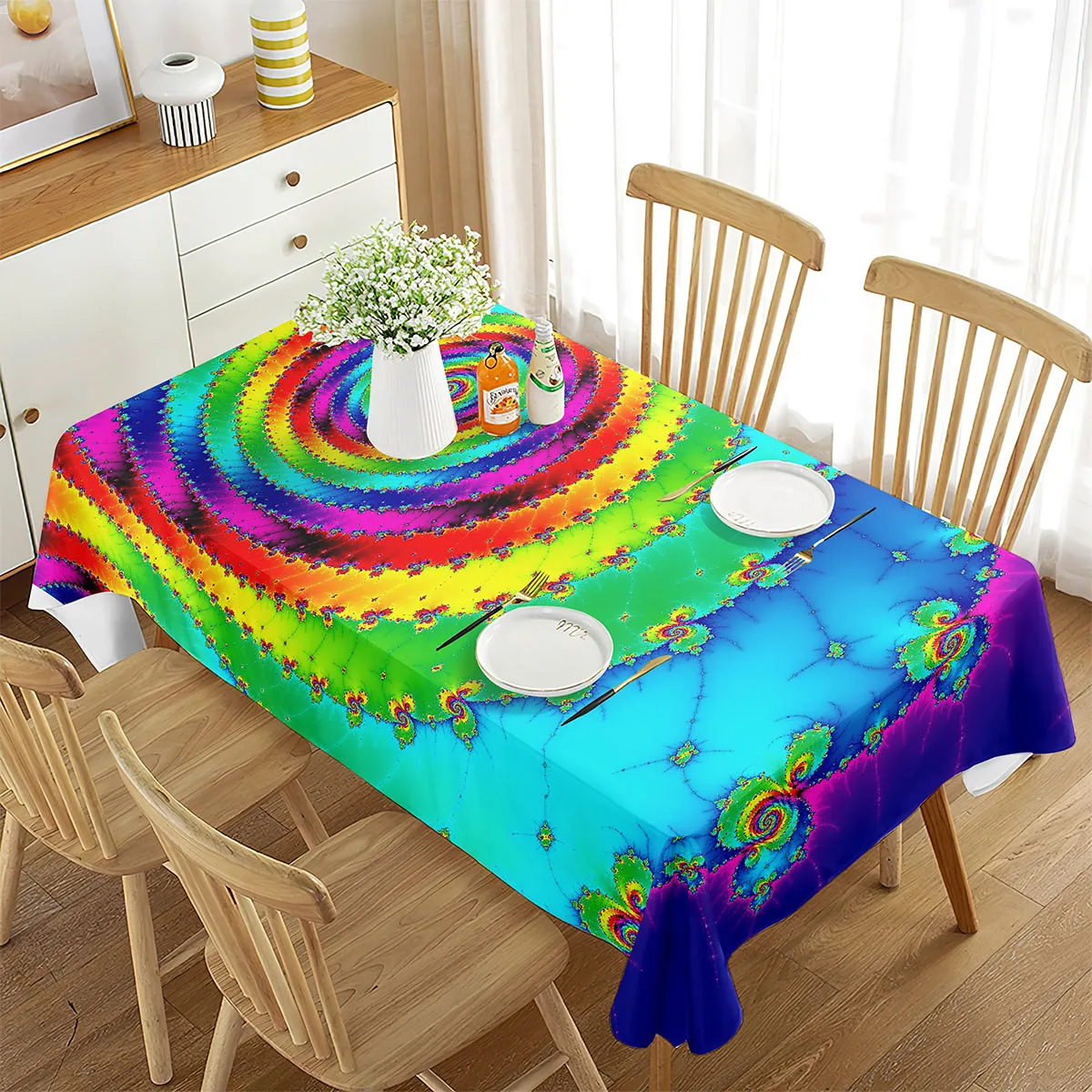 

Colourful Flowing Line Swirl Tablecloth, Abstract Line Geometric Lines Image Artwork,Dining Room Kitchen Rectangular Table Cover