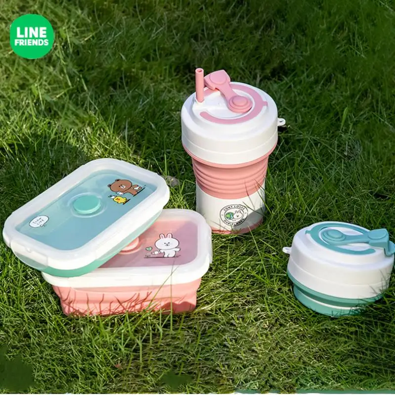 

Силиконовый складной Ланч-бокс Line Friends коричневый с персонажами мультфильмов, милый Ланч-бокс для пикника, подарок для девочек