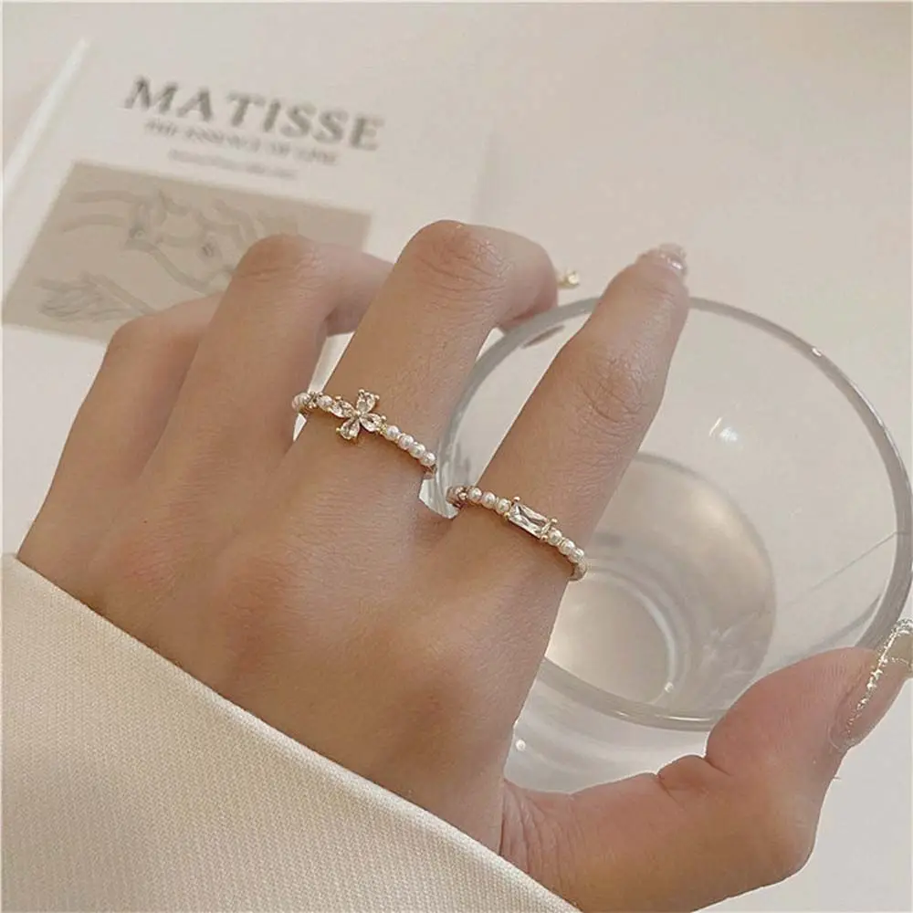 

Women Minimalist Rings Multi Beaded Pearl Rings With Zircon Fashion Natural Pearls Geometric Rings For Girls Finger Rings
