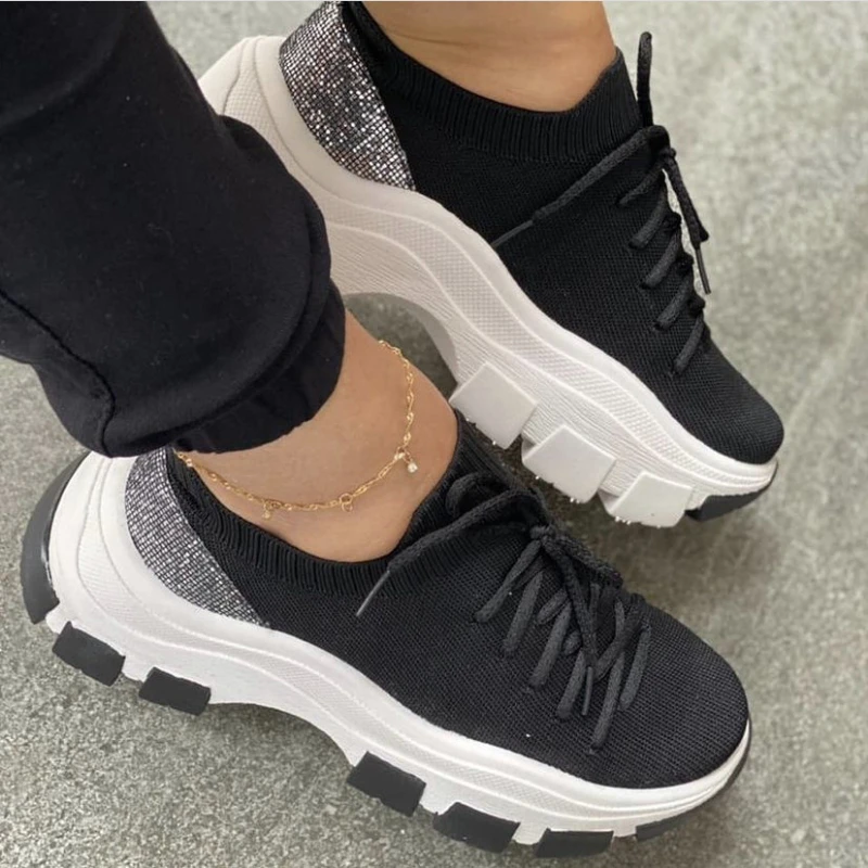 

New Women's Casual Shoes Platform Colorblock Lace-up Sneakers Fashion Fly Woven Breathable Vulcanized Shoes Tenis Respiravel