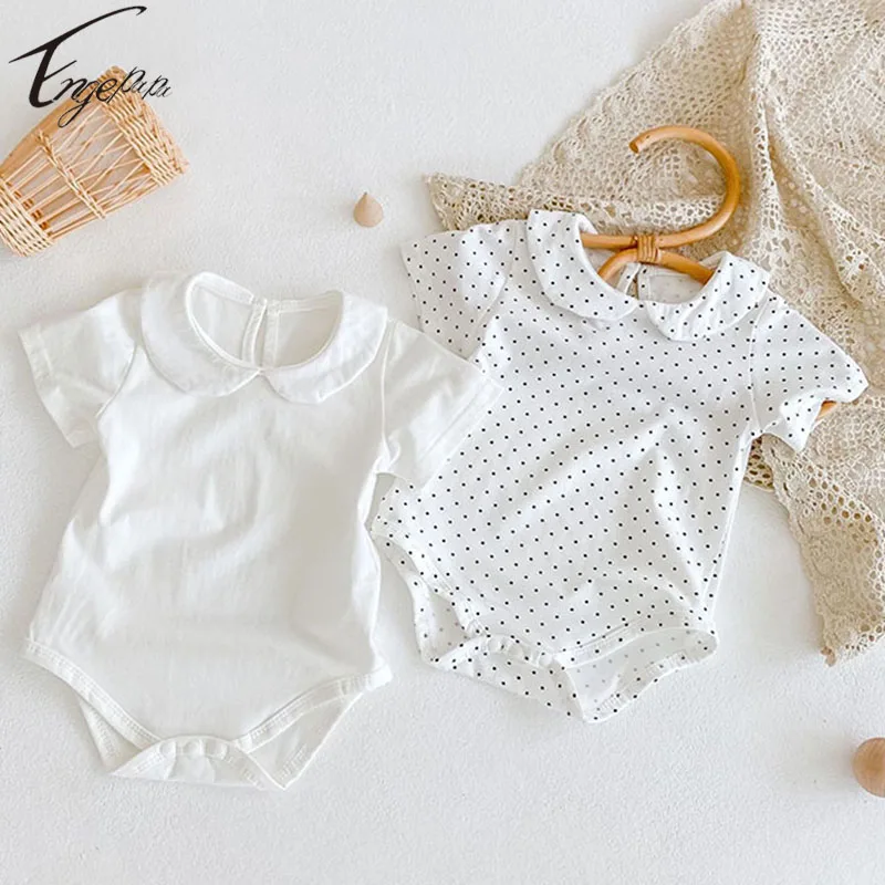 

Детский однотонный комбинезон в горошек, с коротким рукавом