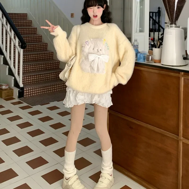 Pullovers Women Lovely Girls Korean Style Cartoon 3D Bow Chic Warm Autumn Winter Long Sleeve O-neck Loose College All-match Sute