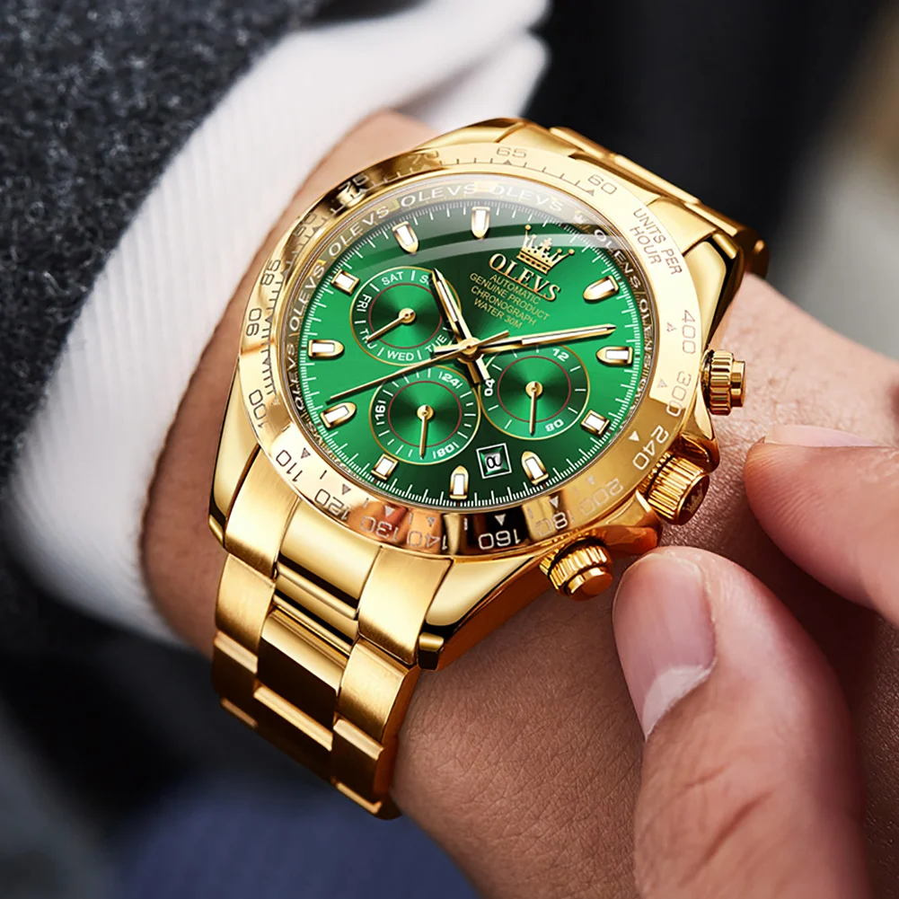 OLEVS Top Brand Men's Gold Green Automatic Mechanical Watch Stainless Steel Strap Waterproof Luminous Luxury Men Wristwatch