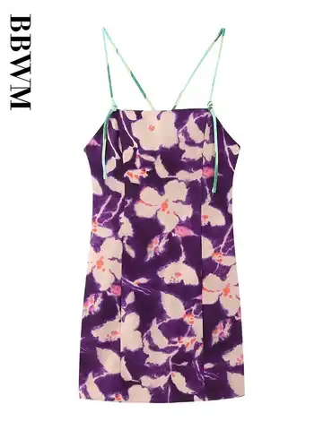 Floral Print Dress Women Purple Linen Strap Mini Dress Woman Backless Vintage Sleeveless Dresses 2023 Summer Chic Short Dress