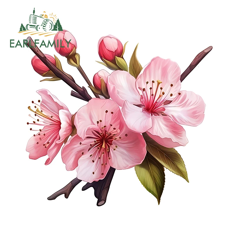 

EARLFAMILY Розовая Сакура, художественные наклейки для автомобиля, потрясающие цветы, предмет, графика, шлем, наклейки для ноутбука, простые модные аксессуары для кемпера