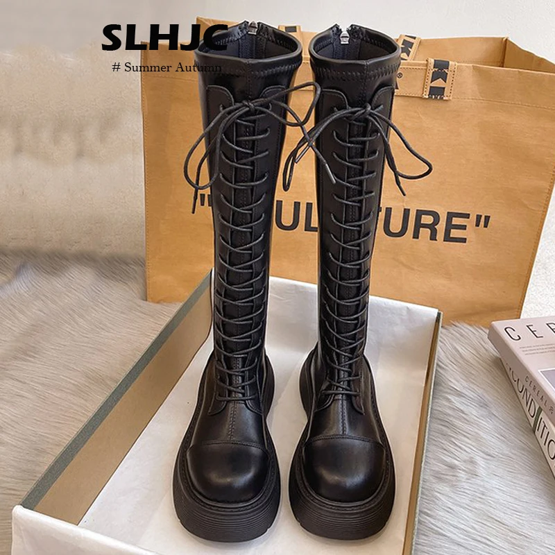 Женские длинные кожаные ботинки EOEODOIT черные ботфорты с круглым носком на