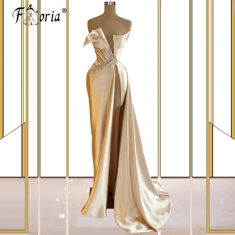 

Champagne Elegant Mermaid Prom Dresses Sleeveless Backless High Slit Beads Formal Dress Women Evening Pageant Gowns Plus Size