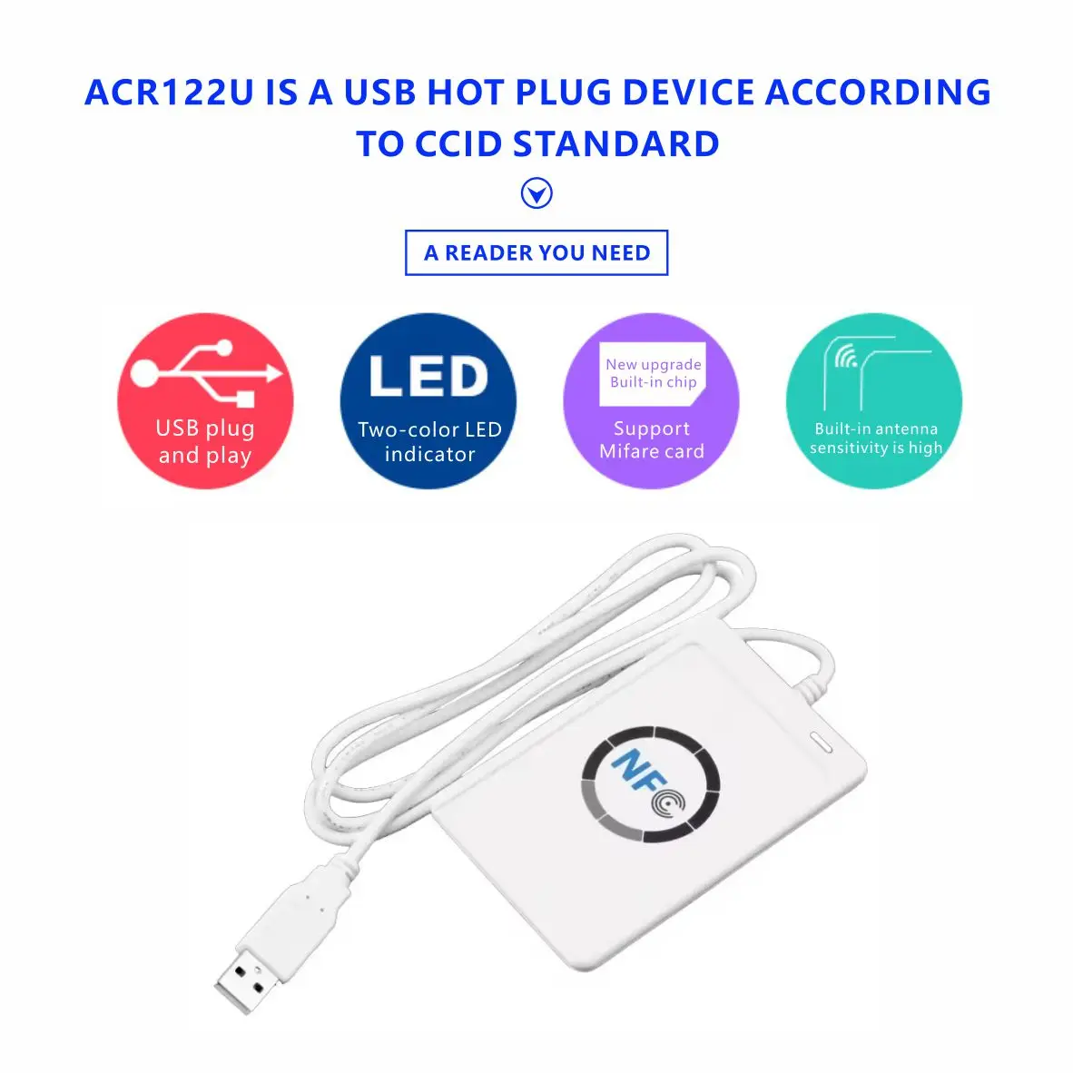Фото Считыватель-записыватель RFID NFC ACR122U, 13,56 МГц, USB, дубликатор бесконтактных карт M1 S50 №3