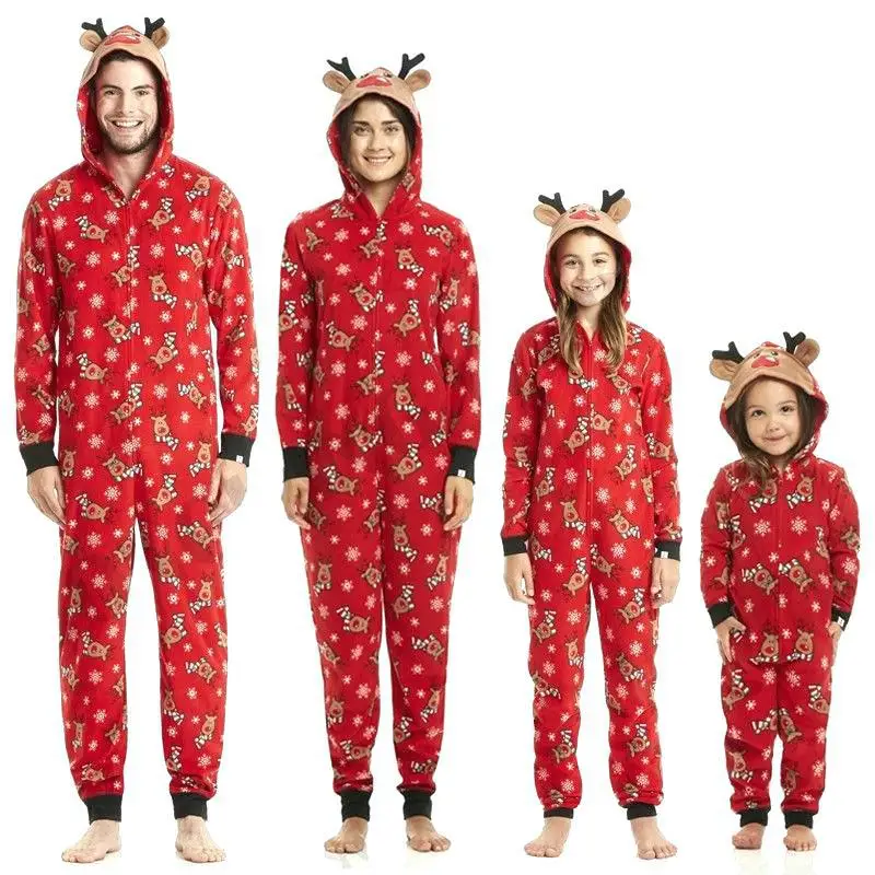 

Red Family Matching Pajamas Onesie Zip Long Sleeve Christmas Holiday Loungewear with Elk Hood Christmas Parent-child Clothes