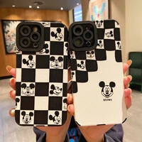 disney black and white checkerboard mickey minnie couple leather phone cases for samsung s22 ultr s21 s20 fe a71 note 20 ultra