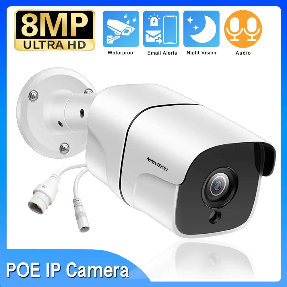 

8MP 4K POE IP Camera Outdoor H.265 Audio Record CCTV Metal White Bullet Night Vision IR Motion Detection CCTV Camera System