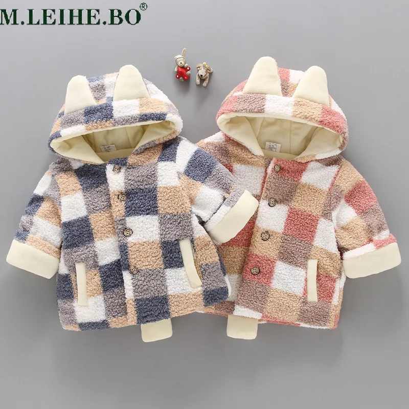 

New Children's Jackets Boys and Girls Simple and Cute Cartoon Plaid Cotton Coat Plus Velvet Thickening Children's Warm Clothing