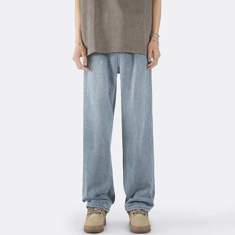 Grey Blue Jeans Men Slim Fashion Retro Harajuku Straight Jeans Men Streetwear Hip-hop Loose Denim Pants Mens Trousers M-2XL