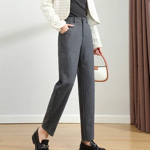 Брюки-шаровары женские, шерстяные, с высокой талией, черные, серые, однотонные, на осень, размера плюс