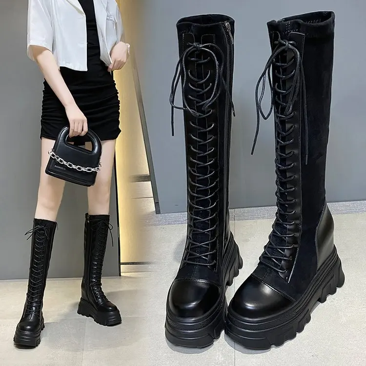 

Women Kneelength Boots Shoelace Thick Bottom Fashion Boots PU Winter Black Artificial Leather Fashion Trend Women Boots The New