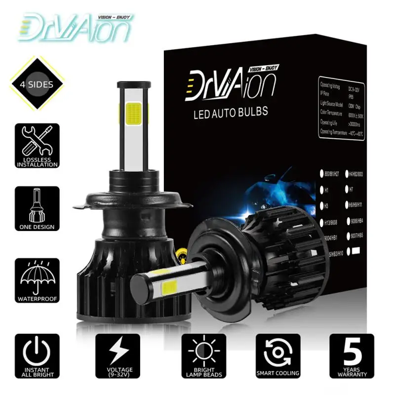 

2pcs Car LED Integrated Headlights D8 Four-sided Mini H7 6500K 12000LM 40W/each Rotary Chuck Off Road Vehicle Work Lights White