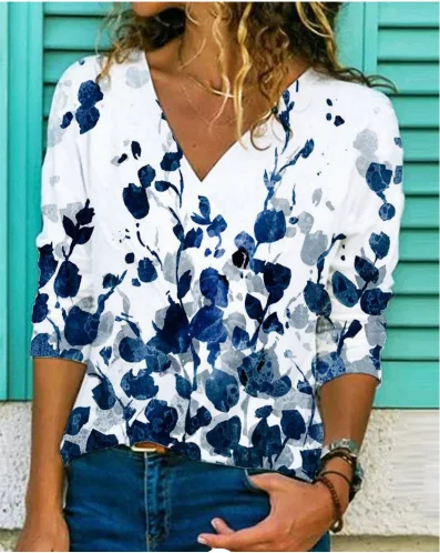 

Spot 2022 Spring and Summer Fashion Popular Fashion Hot Sale New Women Floral Print Long Sleeve Top Casual V-Neck T-shirt