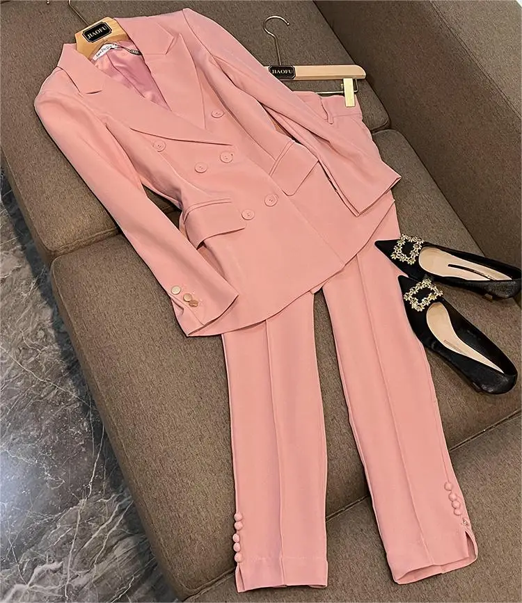 

High Quality Vivid Pink Office Lady Elegant Solid Suit Long Sleeve Shawl Collar Blazer Straight Cutting Pants Women 2Pcs
