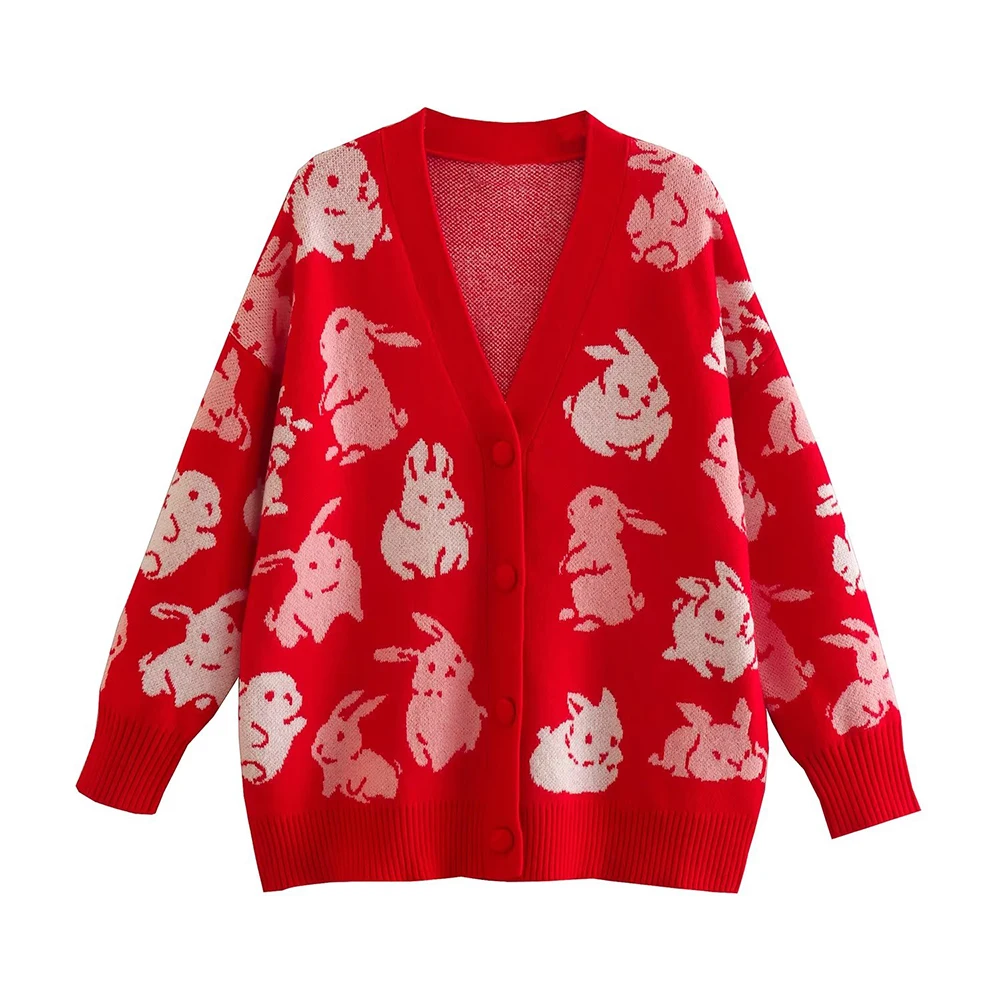 

PB&ZA Women Cardigans Rabbit Print Knitted Sweater Coat Single Breasted Long Sleeve Top Loose Female Clothing Knitwear 9598503