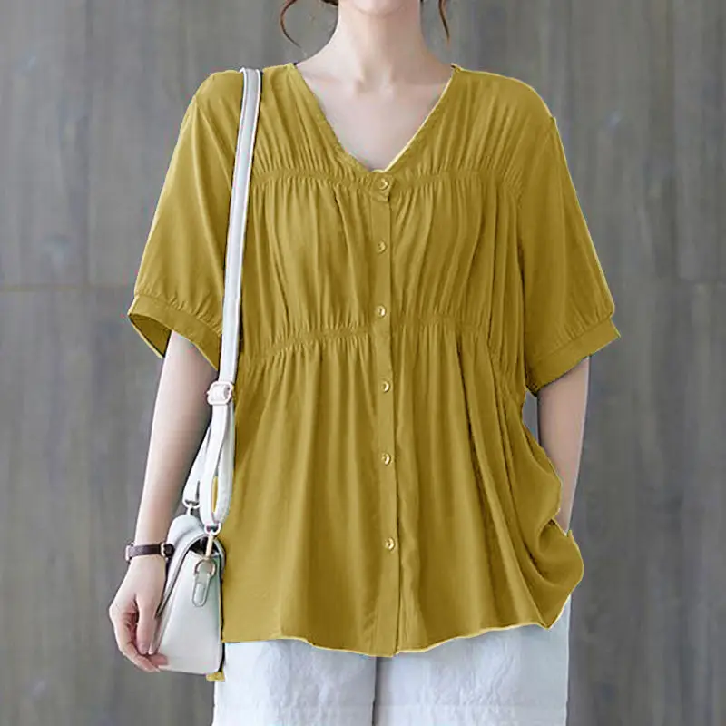 

Woman V-neck Shirt Female Tops Blouse Summer New Solid Short Sleeve Casual Loose Shirts Tops Ladies Single Breasted Clothes A28