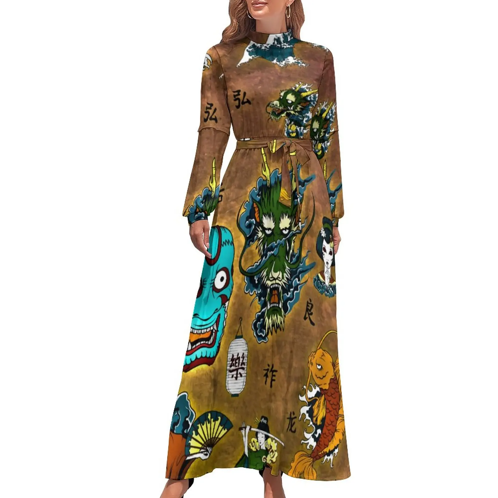 

Cartoon Dragon Dress Long Sleeve Japanese Theme Print Sexy Maxi Dress High Neck Streetwear Printed Boho Beach Long Dresses Gift