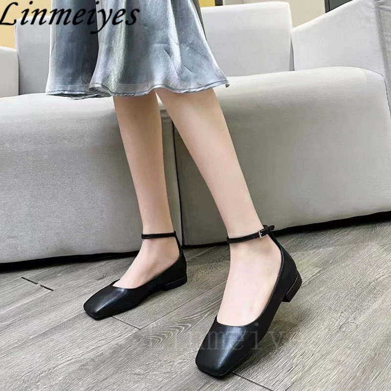 Square Toe Flat Shoes Woman Patent Leather Ankle Buckle Strap Loafers Ladies Fashion Comfort Walk Shoes Runway Shoes For Women