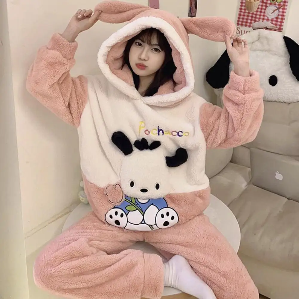 

Sanrio Pochacco Kuromi My Melody Women's Pajamas Anime Cute Coral Velvet Long Sleeve Thickened Nightwear Autumn Winter Homewear