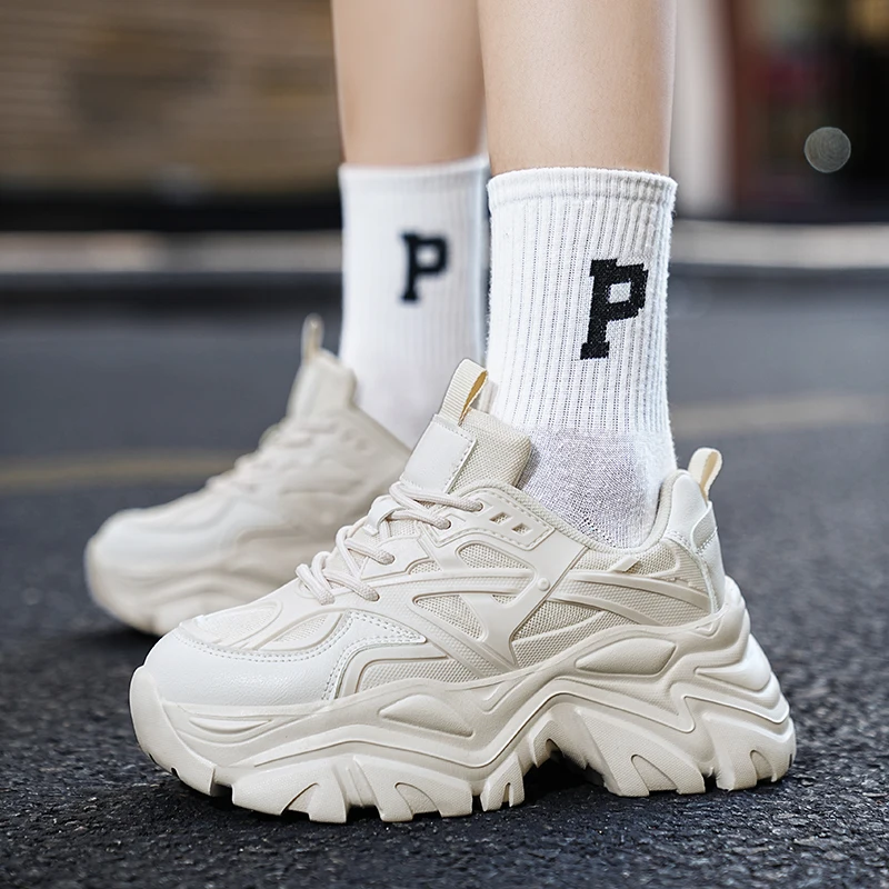 2023 Women's Black Chunky Sneakers Breathable Platform Sports Shoes Woman Lace Up Thick Sole Casual Shoes Zapatillas Mujer Beige