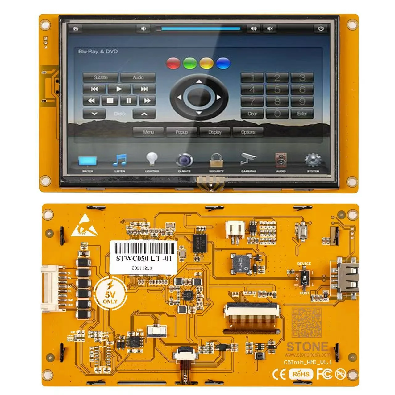 Stone 5 Smart HMI LCD with UART PORT STWC050LT-01 with UART PORT which can be controlled by ANY MCU via Simple Powerful Command