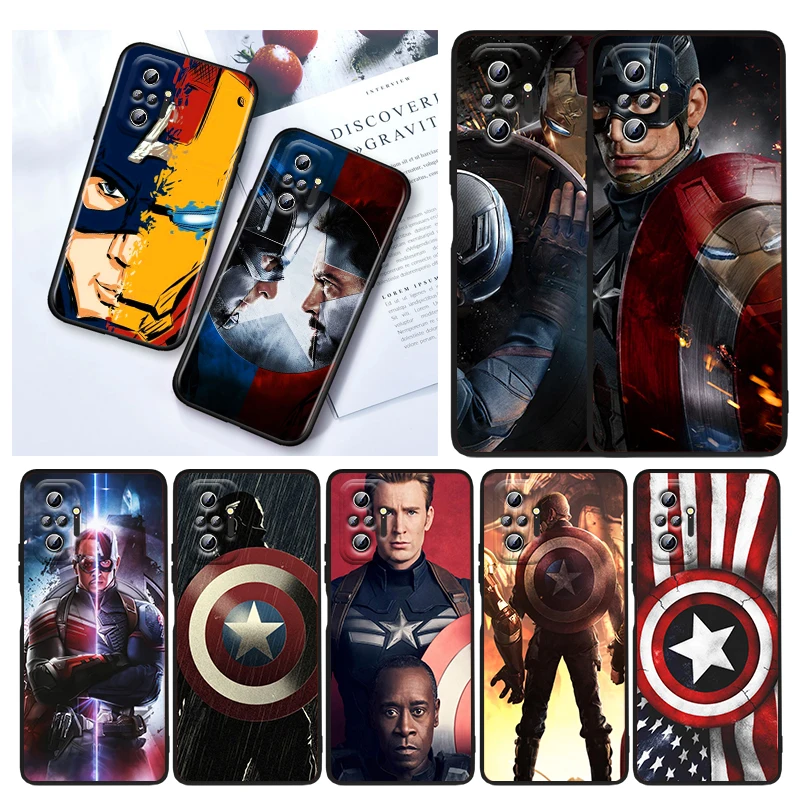 

Hot Marvel Captain America For Xiaomi Redmi Note 11E 11S 11 11T 10 10S 9 9T 9S 8 8T Pro 5G 7 5 Black Phone Case Soft TPU Cover