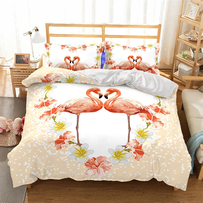 

Soft Flamingo 3D Print Bedding Set Fresh Style Cartoon Animals Green Leaves Tropical Fruit Floral Duvet Cover With Pillowcases