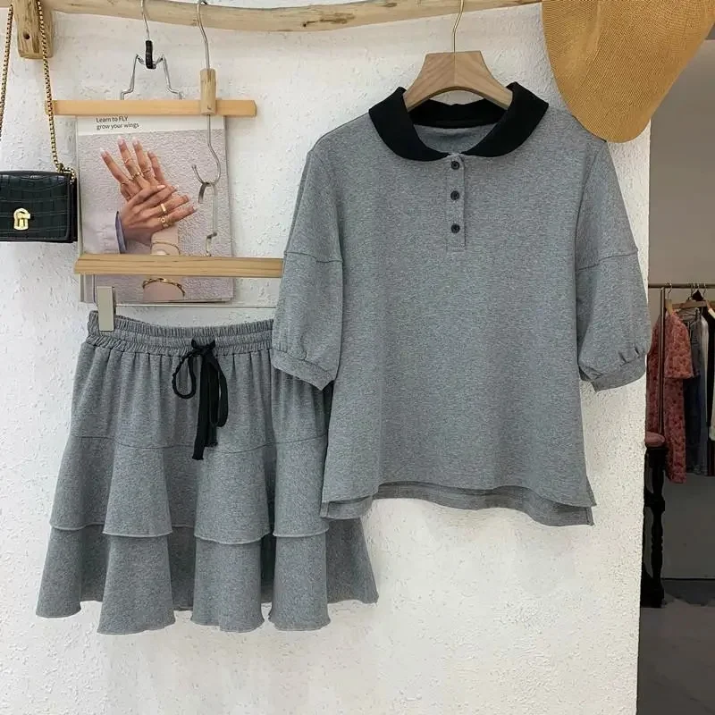 

Doll collar T-shirt top + skirt women's 2022 summer new fashion trend thin college sports style solid color casual two-piece