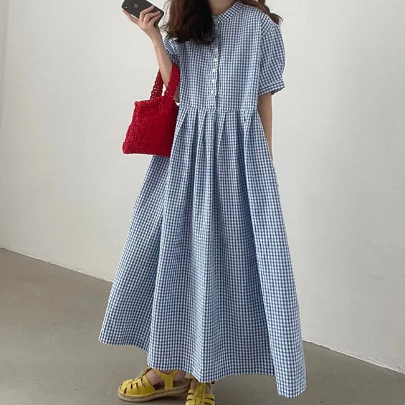 

Summer Puff Sleeve Blue Plaid Midi Long Dress Pleated Shirt Dresses korean clothing women y2k fashion casual loose jk uniform