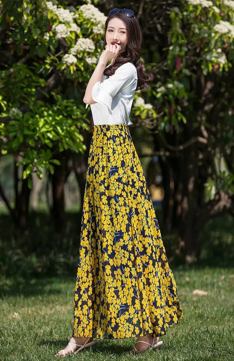 Женская длинная юбка с цветочным принтом шифоновая элегантная трапециевидная