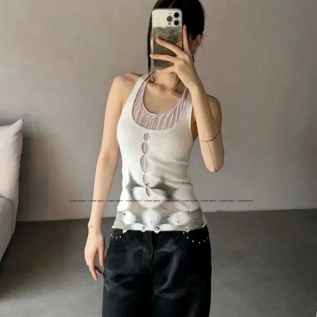 Горячая девушка ажурная бретелька рваный сексуальный жилет летняя основа