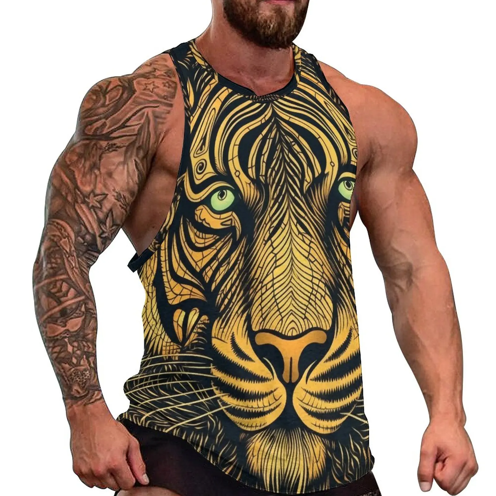 

Tiger Tank Top Male Portraits Psychedelic Lines Tops Summer Custom Gym Streetwear Oversize Sleeveless Shirts