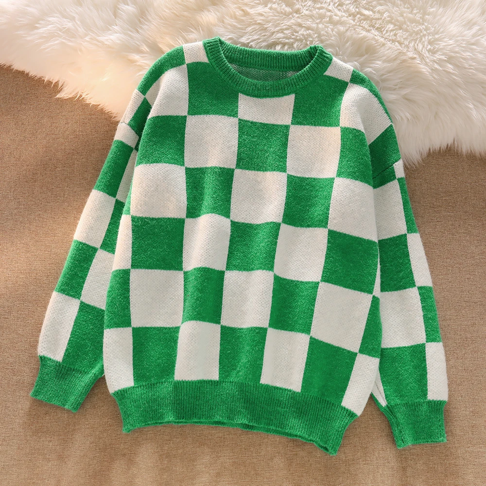 

Japanese Korean Harajuku Knitted Sweaters Preppy Style O Neck Oversize Pullovers Vintage Ulzzang Hit Color Plaid Sueter Mujer