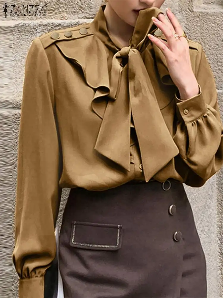 

2022 Fashion Solid Satin Blouse ZANZEA Elegant Button Bow Chemise Holiday Tunic Top Female Casual Long Sleeve O Neck Work Shirt