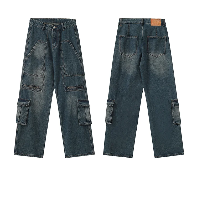 Mens Fashion Straight Denim Jean Pants Unisex Casual Side Big Pocket High Street Cargo Jean Trousers Streetwear Zipper Joggers