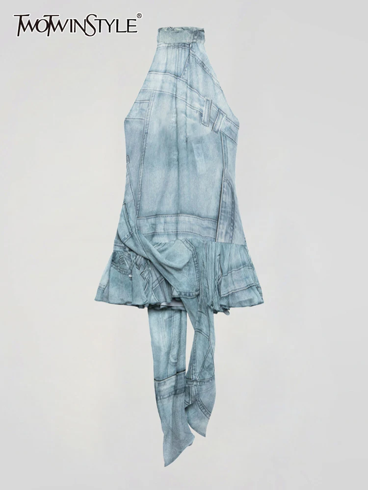 

Женское джинсовое платье TWOTWINSTYLE, Летнее мини-платье без рукавов с высокой талией и асимметричным подолом